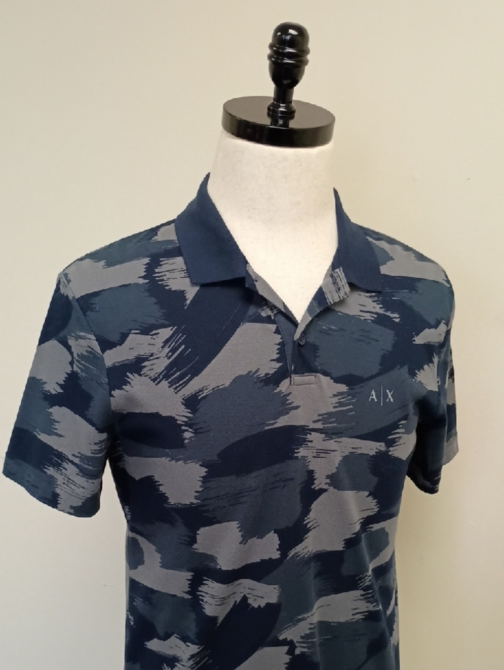 A|X Armani Exchange Camo Polo Shirt Navy Gray Logo Short Sleeve Size Small - Picture 5 of 10